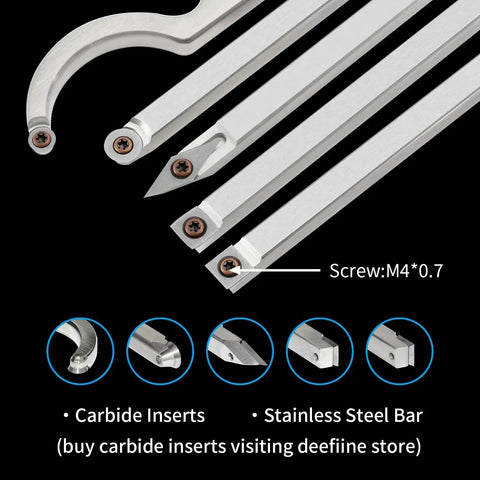Carbide Tipped Wood Lathe Tools Set with bowl sander, rougher, finisher, swan neck hollowing tools, and carbide inserts