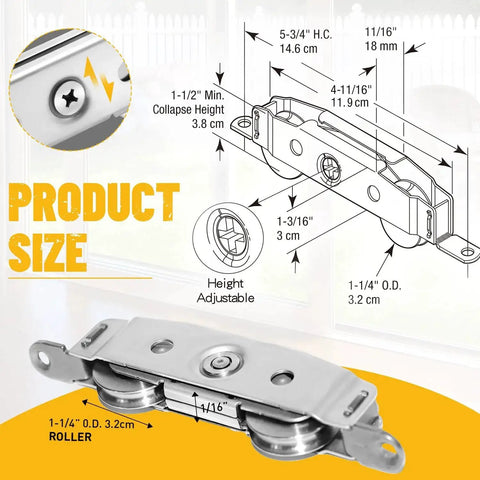 Diagram and image of 304 Stainless Steel Heavy Duty Sliding Door Rollers Set With Ball Tandem Wheels Bearing for patio glass doors
