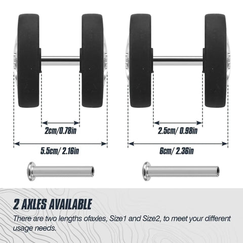 8 Piece Luggage Replacement Wheels Set 50mm Diameter 360 Degree Swivel Rubber Casters with axles and measurements shown