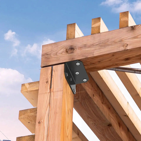 2x4 Inch Galvanized L Bracket 15Pcs Heavy Duty Steel Corner Brace installed on wooden structure outdoor view