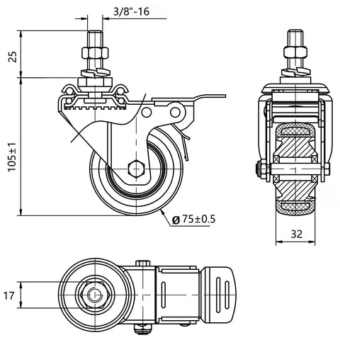 Technical diagram of Heavy Duty Three Inch Swivel Caster Wheels Set Of Four With Three Eighths Inch Threaded Stem And Brakes