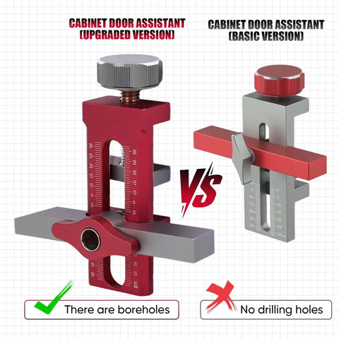 Comparison of red upgraded version with boreholes and grey basic version of cabinet door assistant jigs.