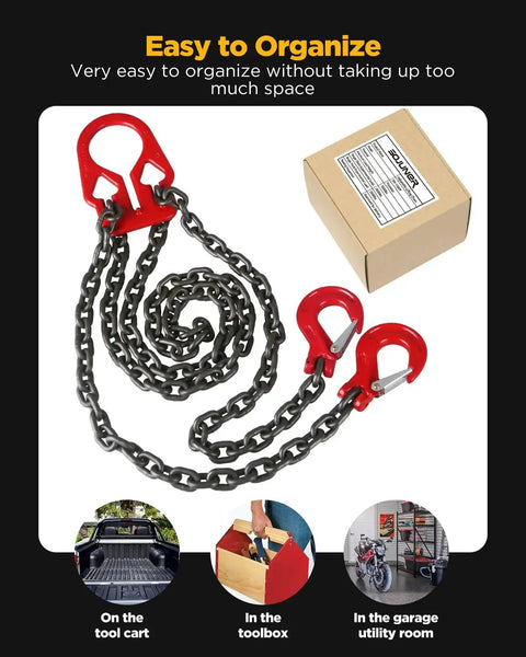 Heavy-duty lifting chain with red adjustable hooks, 3/8 in x 10 ft, dual-leg sling; box in background