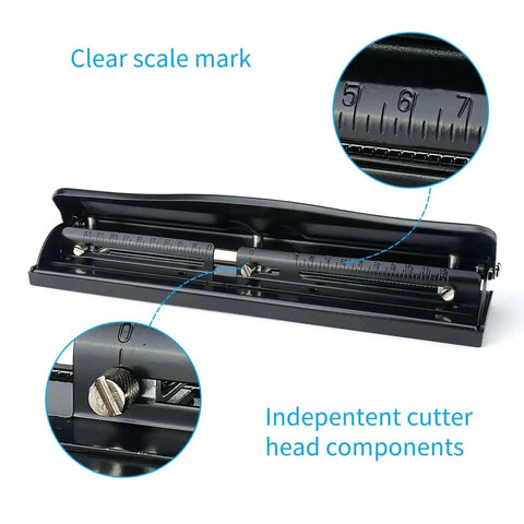 Detailed view of Compact Handheld 3 Hole Puncher with clear scale mark and metal body, adjustable for 3 or 4 hole spacing, 7mm aperture.