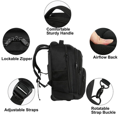 Black rolling laptop backpack with wheels, showing close-up details like sturdy handle, adjustable straps, and lockable zipper for travel.