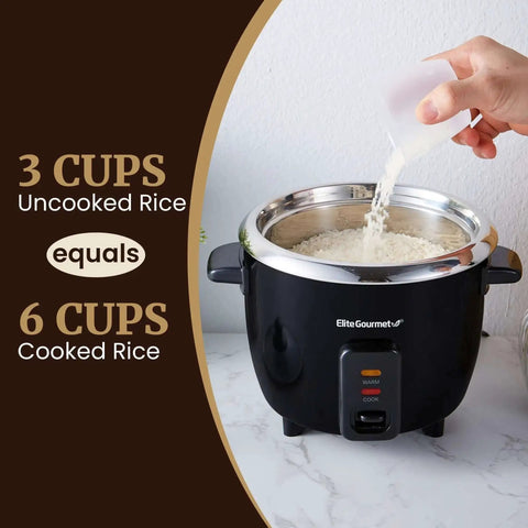 Pouring rice into 6-Cup Electric Rice Cooker with Stainless Steel Inner Pot for fluffy rice, ideal for soups, stews, porridge, keeps warm, black.