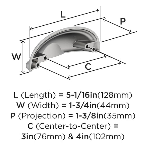 Diagram of Ashby Polished Chrome Cup Pull for cabinets with 5-1/16 in length, 3 or 4 in center-to-center holes, showing dimensions.