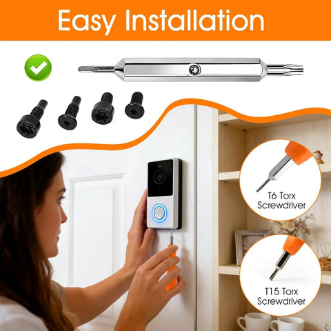 Person installing video doorbell using Doorbell Screwdriver Replacement Tool For Camera Double Ended T6 T15 Screwdriver Video Doorbell Setup And Password Reset Includes 20 Replacement Screws Durable S2 Steel Ergonomic Non Slip Grip, shown with extra screws and ergonomic grip.