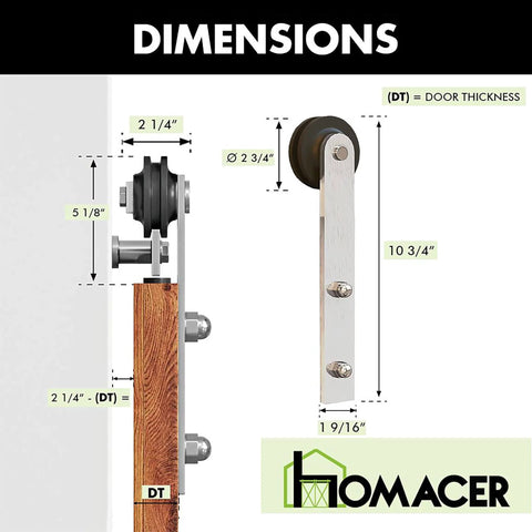 Brushed Nickel Sliding Barn Door Hardware Kit For Single Door, 6ft Flat Track, Non-Bypass System With Straight Rollers, dimensions shown
