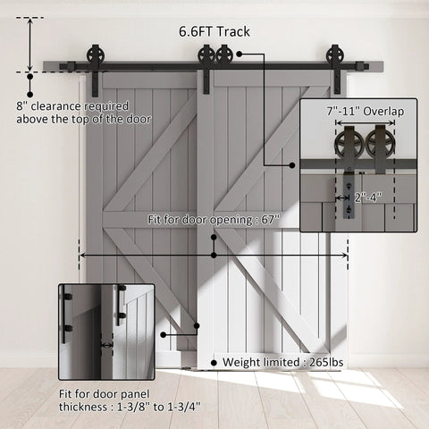 Heavy Duty Sliding Barn Door Hardware Kit Single Track Bypass System For Double Doors Black Powder Coat Six Point Six Foot Long Supports Up To 265 Lbs Fits Door Width Up To Forty Inches And Door Thickness 1 3 8 To 1 3 4 Inches Bypass Wheel Included, installed with measurements