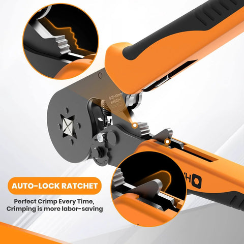 Close-up of Ferrule Crimping Tool Self Adjusting Ratchet For AWG 23 To 7 Wire Square Ferrule Kit with orange handle.