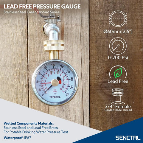 SENCTRL water pressure gauge, 2.5-inch dial, stainless steel case, 0–200 psi, 3/4 inch garden hose thread.