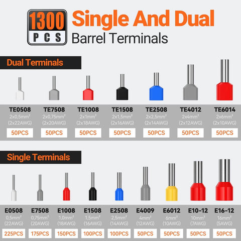 Chart showing 1300 dual and single barrel terminals for Ferrule Crimping Tool Kit With Portable Case Square Crimp Pliers