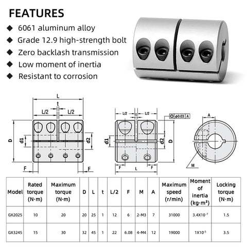Aluminum rigid clamp-on shaft coupling 8-10 mm, 32 mm dia x 45 mm length for CNC machines and 3D printers