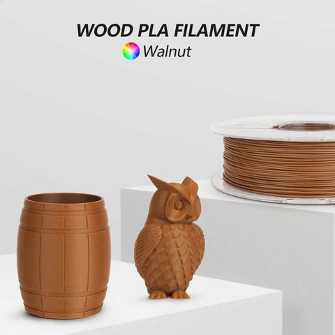 Wood Like 3D Printer Filament Dark Walnut 1.75mm PLA Real Wood Fiber Texture 1KG spool with printed owl and barrel
