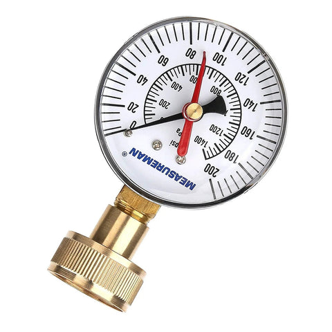 Heavy Duty Water Pressure Test Gauge 2-1/2 Inch Dial, 3/4 Inch Female Hose Thread, 0-200 PSI/KPa Dual Scale, Brass Parts