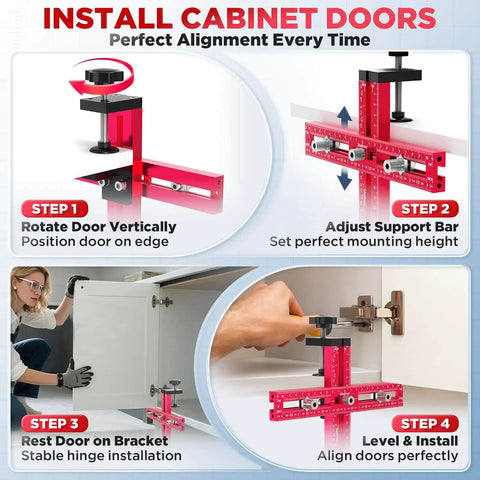 Adjustable Cabinet Hardware Jig For Precise Hole Alignment In Knobs And Handles DIY Cabinet Install Drill Guide Template with aluminum body shown in use for step-by-step cabinet door installation.