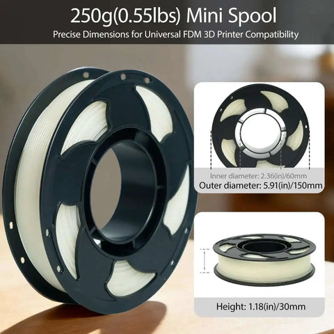 250g Mini Spool for 3D Printing showing precise dimensions, compatible with universal FDM printers, inner diameter 2.36in, outer 5.91in.