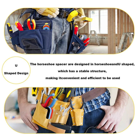 Image of a worker with tool belts, showcasing tools and accessories. Text highlights horseshoeandU shaped shims convenient for use.