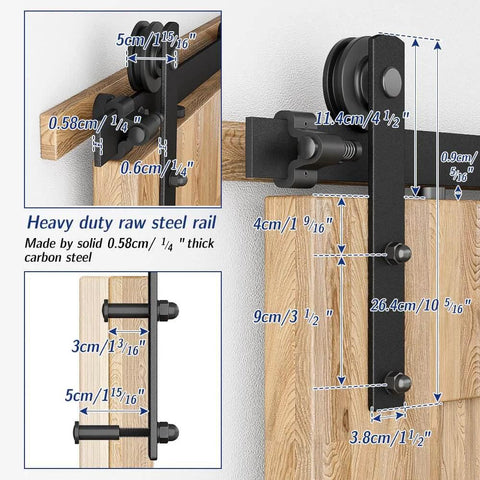 Sliding Barn Door Hardware Kit For 10 Ft Track, Smooth And Quiet Glide, Heavy Duty Carbon Steel, Dimensions and Installation Details