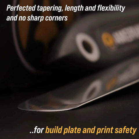 Close-up of Durable 3D Print Removal Tool Kit with Pro Grade Comfort Grips and Hardened Blades showing knife edge for print safety.