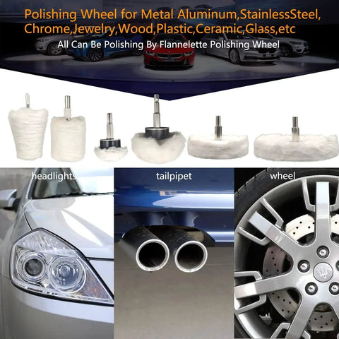 Six Piece Drill Buffing Wheel Kit for Polishing Metal Wood Glass Jewelry with six wheel shapes shown and polished car parts