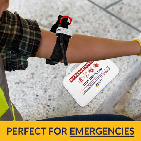 Person using Stop the Bleed 10-Piece Bleeding Control Kit with Tourniquet during emergency on arm, easy-to-open packaging shown.