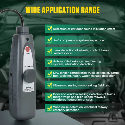 Front view of a gray handheld ultrasonic leak detector with probe and dial, for automotive use.