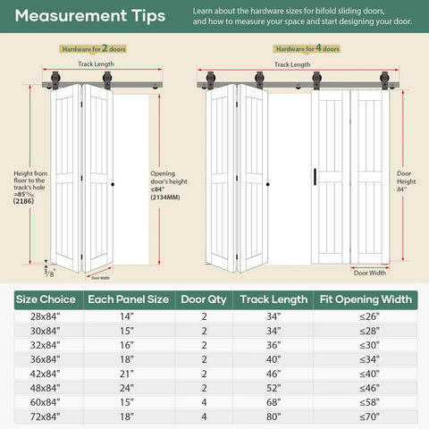 Diagram showing measurement tips for 30 X 84 Inch Bi-Fold Barn Door For Closets With Hardware Kit Included and options.