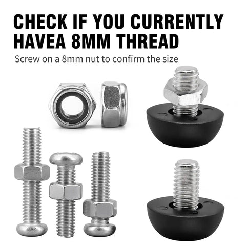 Close-up of 24 Pack Adjustable Outdoor Furniture Leg Levelers 8mm By 1.25 M8 Stainless Steel Screw In Feet with nuts.