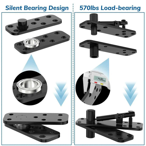 Hidden Door Hinge 304 Stainless Steel Built Tough With 570 Lbs Load Capacity, 360 Degree Rotation, shown in multiple stages.