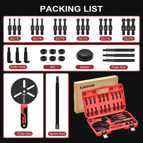 Image showing the packing list for the 33-In-1 Bearing Puller Kit including puller hooks, nuts, spacers, puller rods, and portable case.