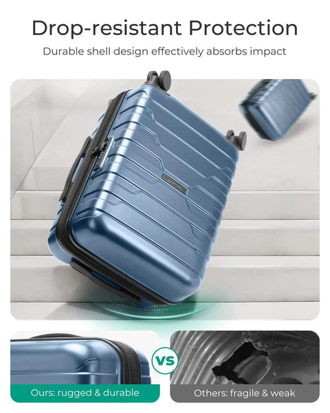 Lightweight 20 Inch Carry On Luggage With Spinner Wheels For 3 To 5 Day Trips Road Trip Ready, Airline Approved Cabin Size, TSA Lock, And Expandable Hard Shell, Royal Blue BAGSMART displayed on stairs demonstrating drop-resistant protection
