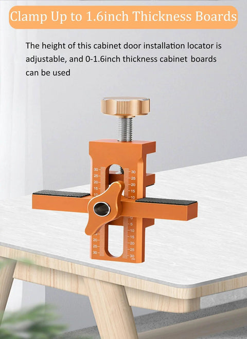 One Hand Cabinet Door Mounting Jig With 10mm Door Latch Drilling Bit Aluminum Alloy Clamp on wooden surface