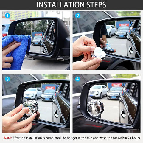 Two Pack Blind Spot Mirrors For Cars, 360 Rotating Round HD Glass Convex Rear View Mirrors With ABS Protective Shell, Universal Fit For SUVs Vans Trucks, Extra Wide Angle And Windproof installation steps with application on side mirror.