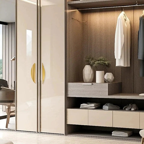4 Pack Brushed Gold Crescent Cabinet Pulls With 5.79 Inch Overall Length And 3.75 Inch Hole Centers on modern wardrobe doors
