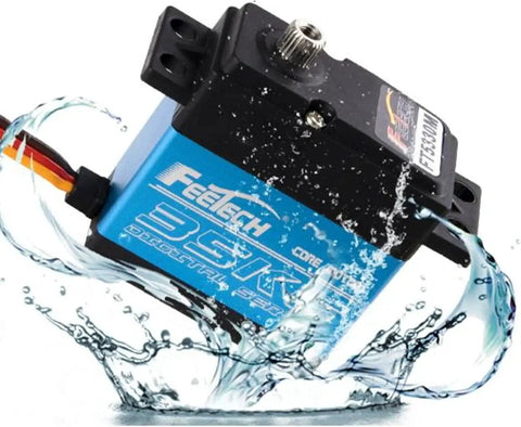 FEETECH RC servo motor with blue aluminum housing, angled front view for 1/8–1/10 scale RC cars