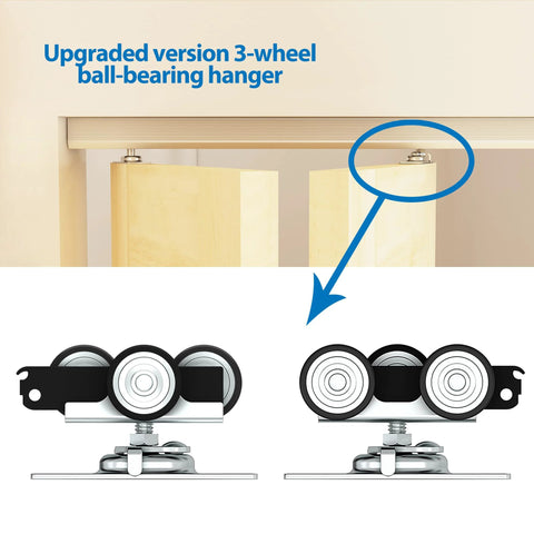 Close-up of 3-wheel ball-bearing hangers for 72 Inch Aluminum Bifold Closet Door Hardware Kit For Four Doors.