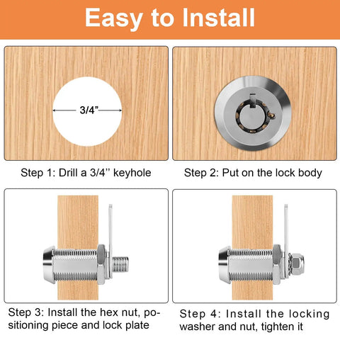 Secure your RV compartments with keyed-alike cam locks, a set of four 1 1/8 Inch cam locks step-by-step installation diagram