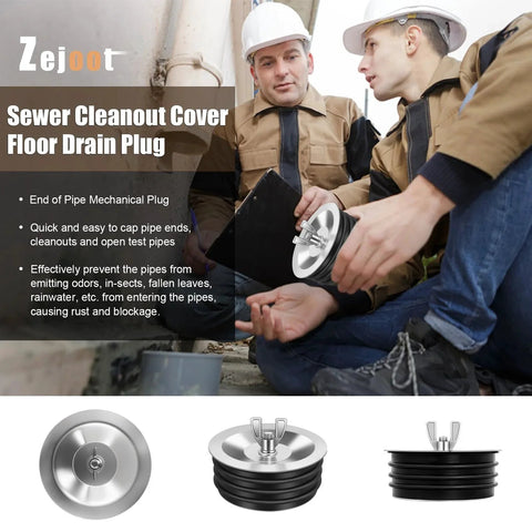 2 Pack 4 Inch Sewer Cleanout Cap Cover For Most Pipe Ends In Sinks And Pools Mechanical Steel Expansion Plug With Durable Rubber Gasket Floor Drain Cap For PVC Pipes End Cap For Sewer Cleanouts shown with workers