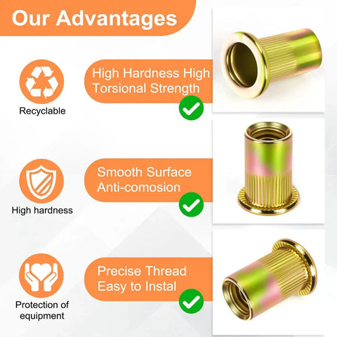 Beefed Up Metric Rivet Nut Assortment Kit 105 Pieces Stainless Steel Rivet Nuts M3-M8 shown with advantages like strength and smooth surface.