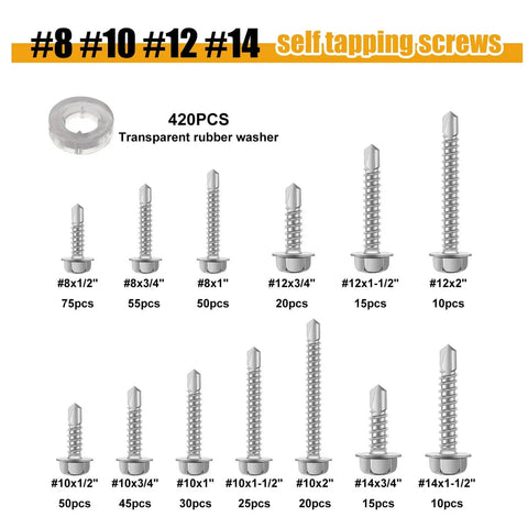 840 Pcs Self Tapping Screws for Metal Kit in 410 Stainless Steel, Heavy Duty Hex Washer Head Self Drilling Screws with Rubber Washer