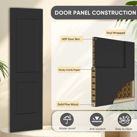 36 Inch By 84 Inch Bi Fold Barn Door Set With Two Panels And Brushed Gold Hardware Space Saving Interior Sliding Door For Closets Pantry Or Laundry Rooms Hollow Core Textured Black Finish Includes Hardware Kit Quiet Smooth Rollers No Brainer Easy Install cross-section showing HDF, honeycomb, and pine wood.
