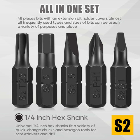 49 Pack Screwdriver Bit Set With One Quarter Inch Bit Holder And One Quarter Inch Hex Shank S2 Steel on display