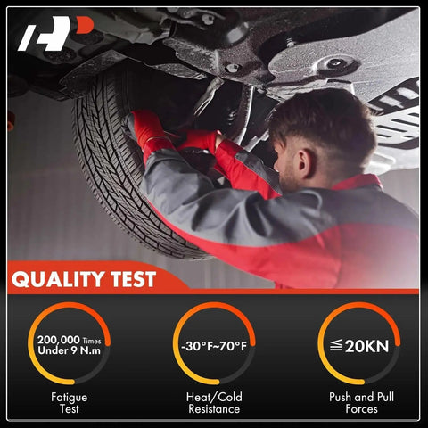 Installed undercar view of a mechanic fitting A-Premium 4-piece front and rear sway bar links kit.