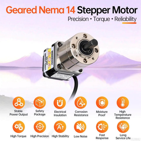 Geared Nema 14 Stepper Motor With Integrated Planetary Gearbox 50.9 To 1 Ratio and labeled features on white background