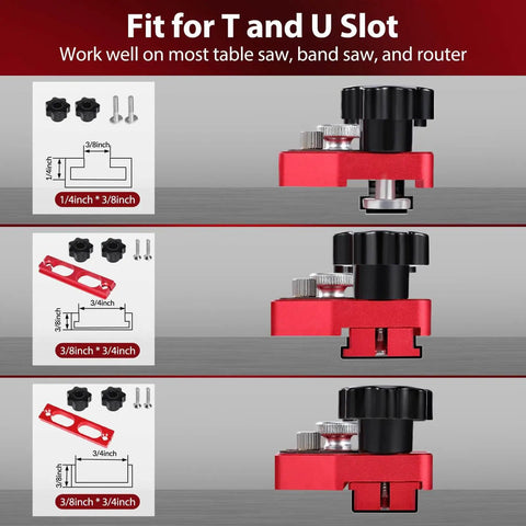 No Fuss Safe One Way Roller Bearing Thin Rip Jig For Table Saws Ideal For Repetitive Narrow Strip Cuts Fits Three Eighths By Three Quarters T Slot And U Slot Works With Table Saw Band Saw And Router Table For Accurate Rips. Side view with red anodized aluminum body showing compatibility with T and U slots.