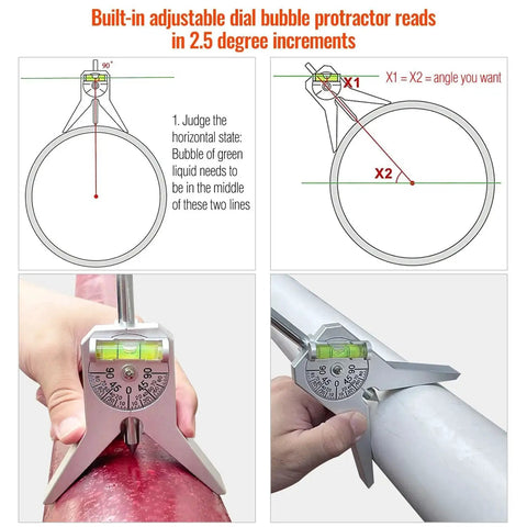 Pipe Center Finder Punch Tool And Marker For Pipes Half Inch And Larger showing 4-inch Y-type base and dial protractor in use