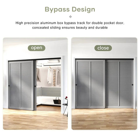 8 Ft Bypass Double Sliding Pocket Door Hardware Kit in Aluminum and Black, installed view showing open and closed positions
