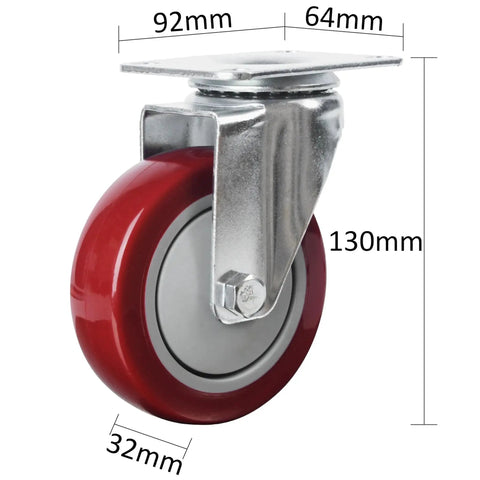 Heavy Duty 4 Inch Swivel Caster with Plate Mounting and Red Polyurethane Wheel, 2600 lb Capacity, Dimensions Labeled
